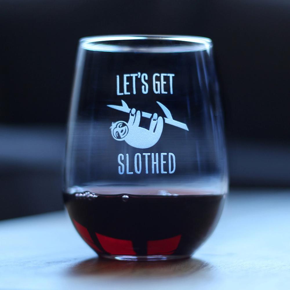 Let’s Get Slothed – Cute Funny Stemless Wine Glass, Large 17 Ounces, Etched Sayings, Gift Box