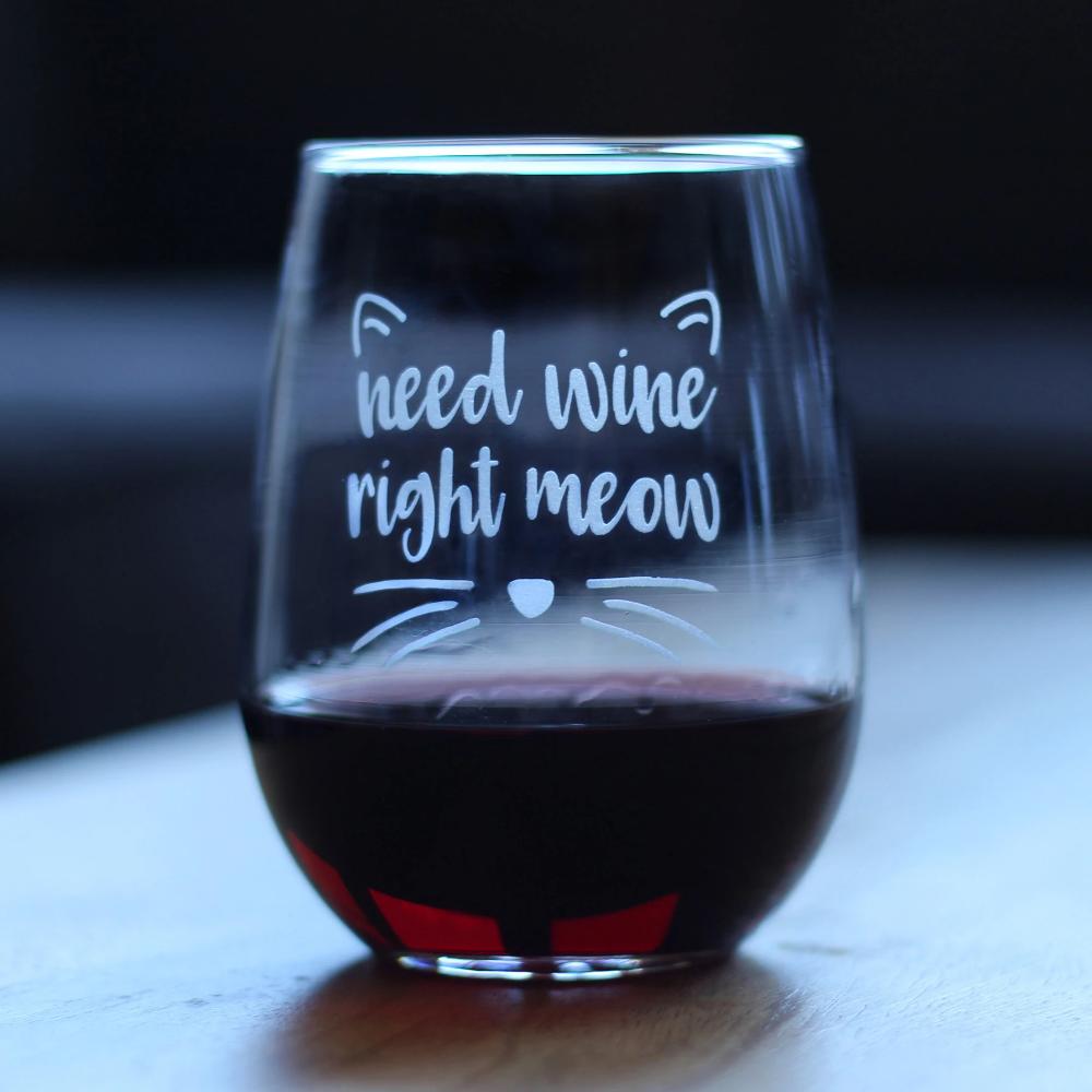 Need Wine Right Meow – Cute Funny Cat Stemless Wine Glass, Large 17 Ounces, Etched Sayings, Gift Box