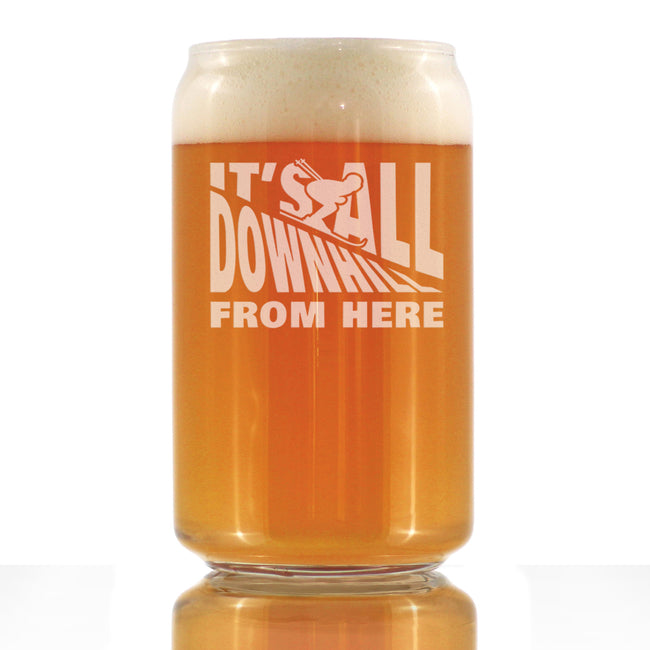 It's All Downhill From Here - Beer Can Pint Glass - Unique Skiing Themed Decor and Gifts for Mountain Lovers - 16 oz Glasses