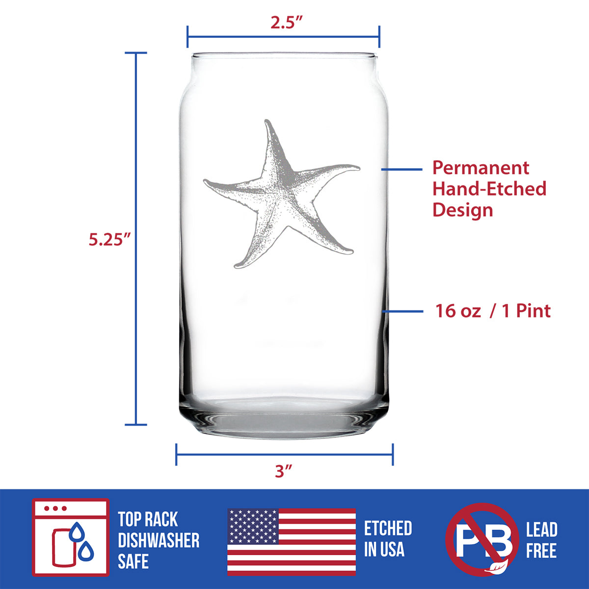 Starfish Beer Can Pint Glass - Beach Themed Decor and Decorative Ocean Glassware Gifts for Women and Men - 16 Oz Glasses