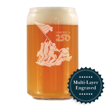 American 250 Raising the Flag on Iwo Jima Engraved Beer Can Glass America250 Official for 250th Anniversary of the USA Beer Can Shaped Pint Glass - 16oz