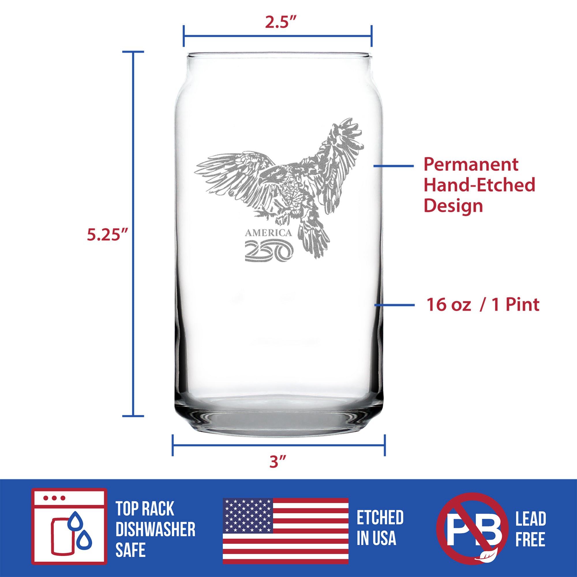 America 250 Bald Eagle Engraved Beer Can Glass America250 Official for 250th Anniversary of the USA Beer Can Shaped Pint Glass - 16oz