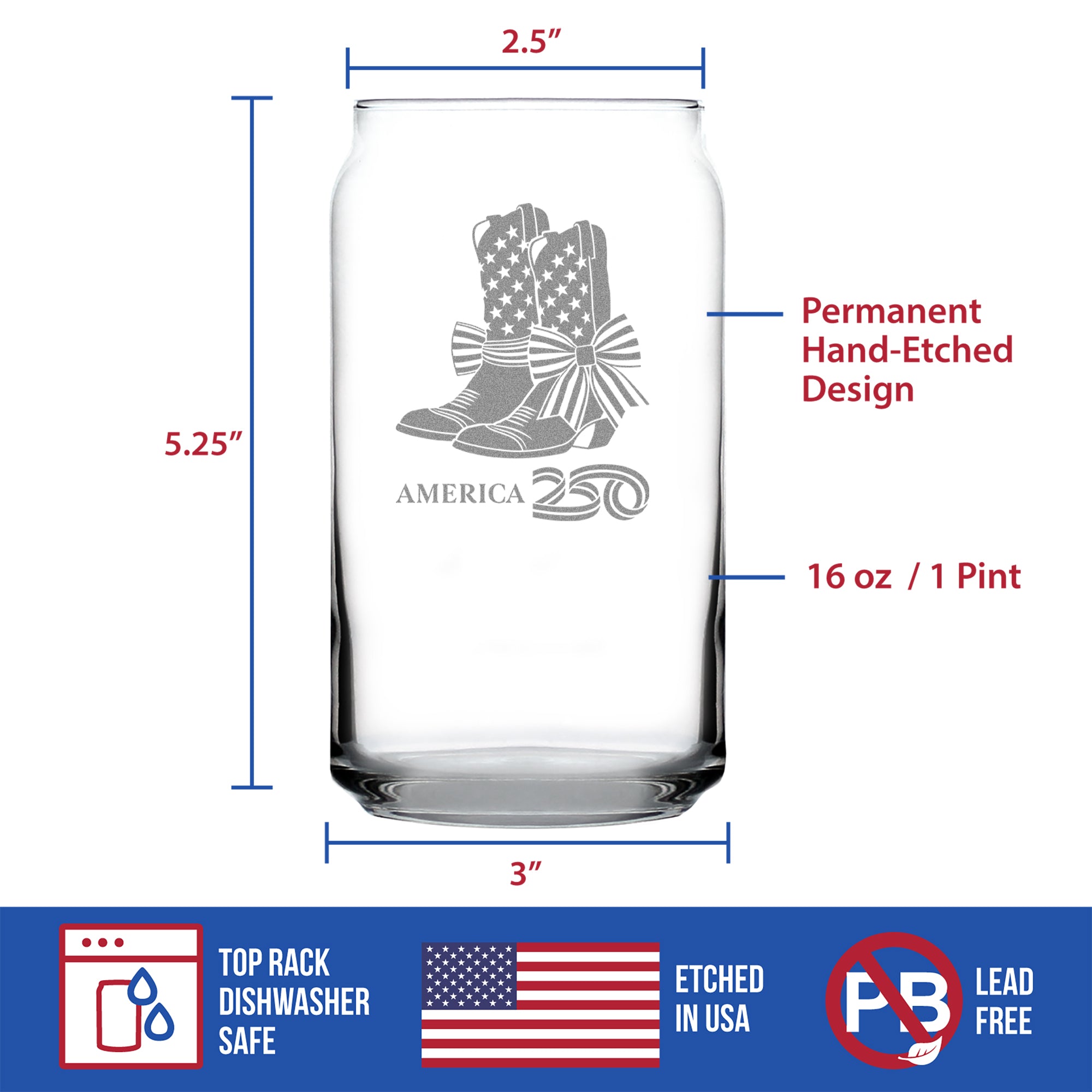 America 250 Cowgirl Boots Engraved Beer Can Glass America250 Official for 250th Anniversary of the USA Beer Can Shaped Pint Glass - 16oz