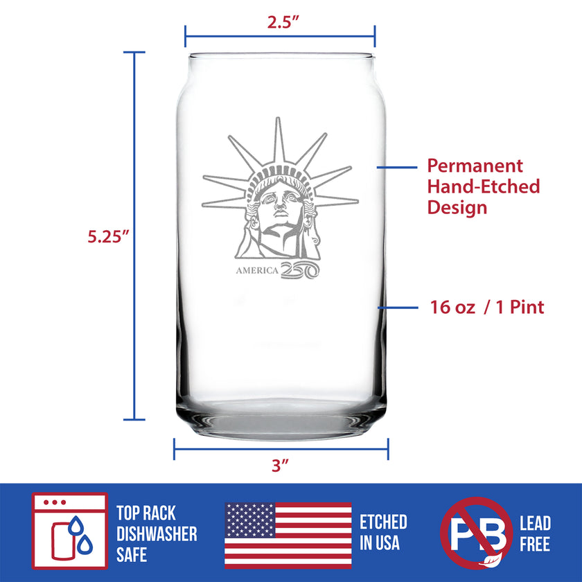 America 250 Statue of Liberty Profile Engraved Beer Can Glass America250 Official for 250th Anniversary of the USA Beer Can Shaped Pint Glass - 16oz