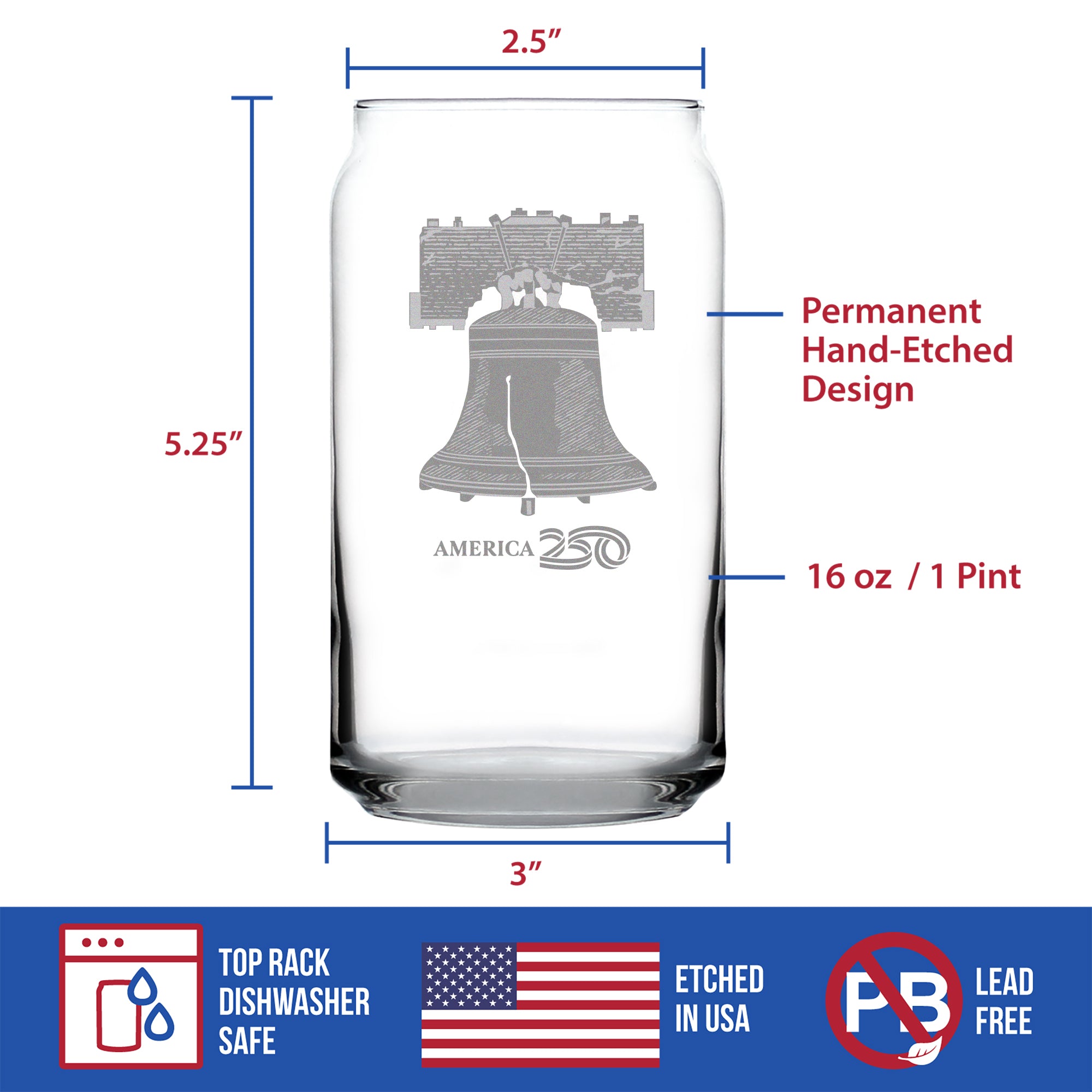 America 250 Liberty Bell Engraved Beer Can Glass America250 Official for 250th Anniversary of the USA Beer Can Shaped Pint Glass - 16oz