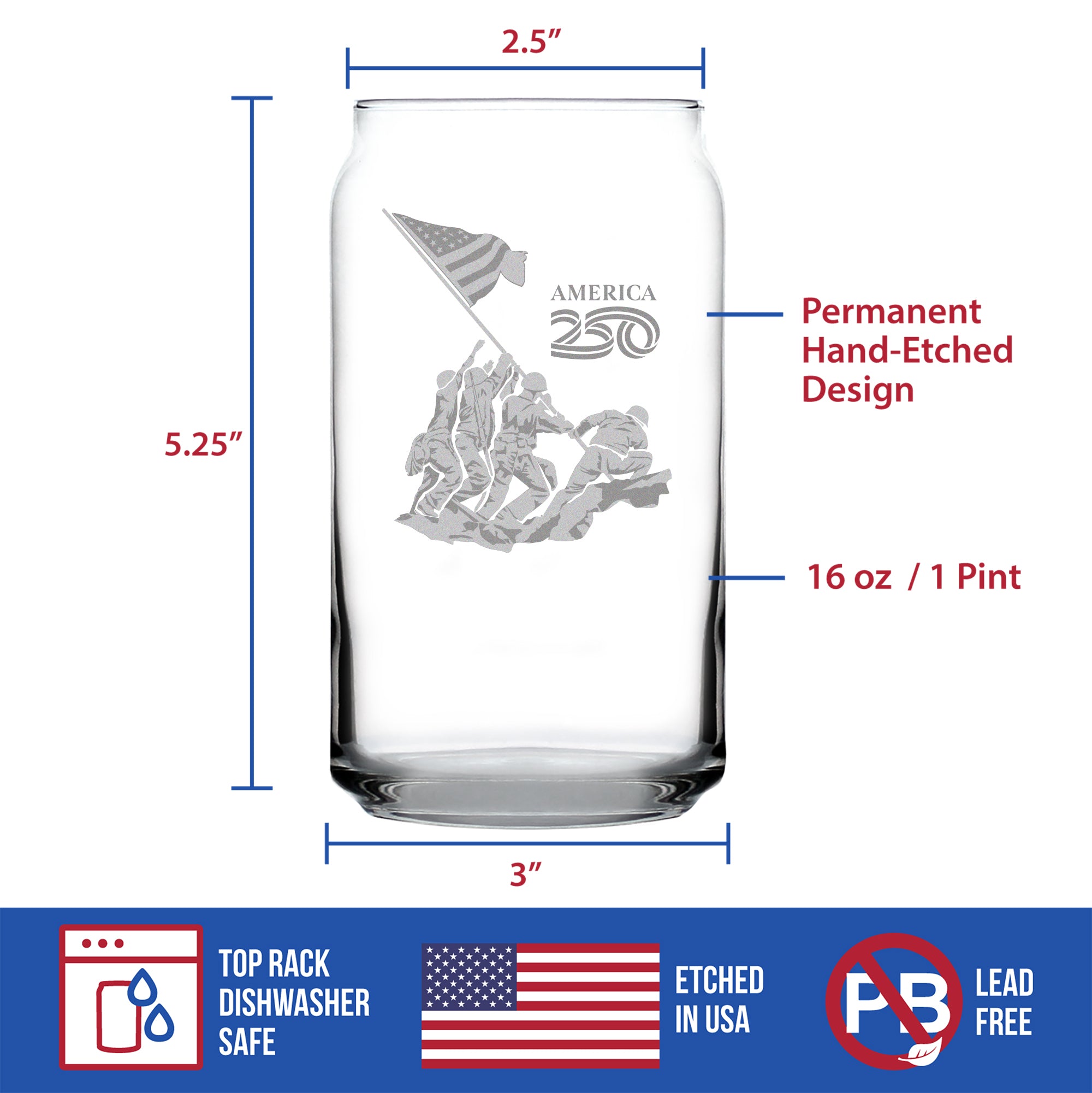 American 250 Raising the Flag on Iwo Jima Engraved Beer Can Glass America250 Official for 250th Anniversary of the USA Beer Can Shaped Pint Glass - 16oz