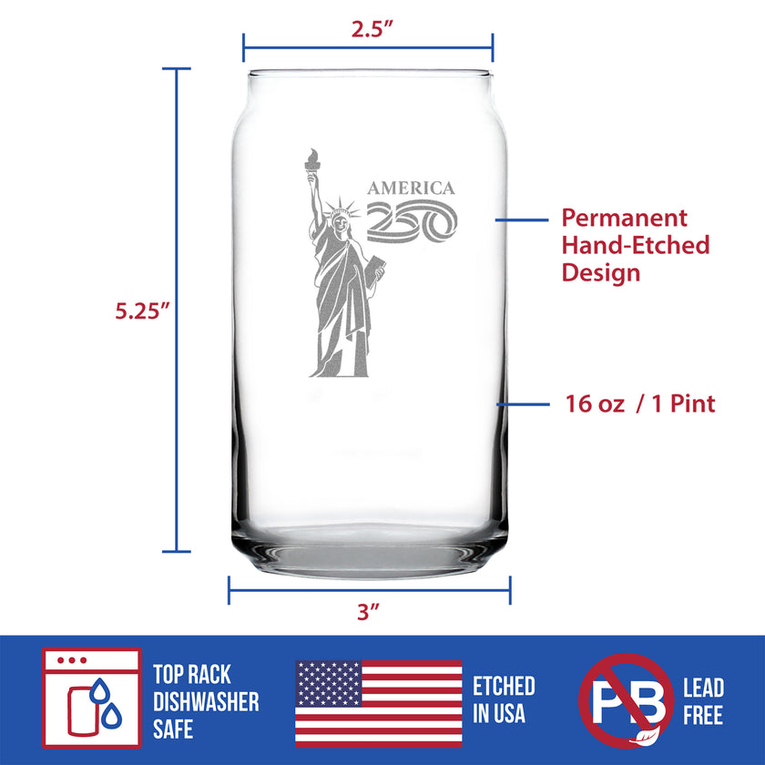 America 250 Statue of Liberty Engraved Beer Can Glass America250 Official for 250th Anniversary of the USA Beer Can Shaped Pint Glass - 16oz