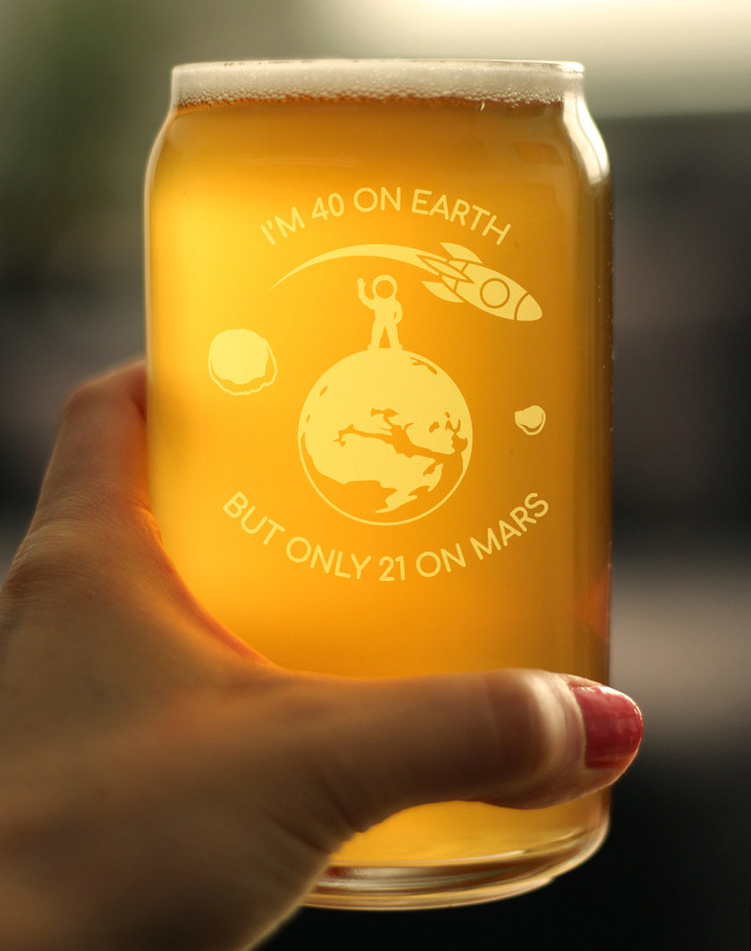 Age on Mars 40 - Beer Can Pint Glass - Unique Funny 40th Birthday Gifts for Women and Men - 16 oz Glasses