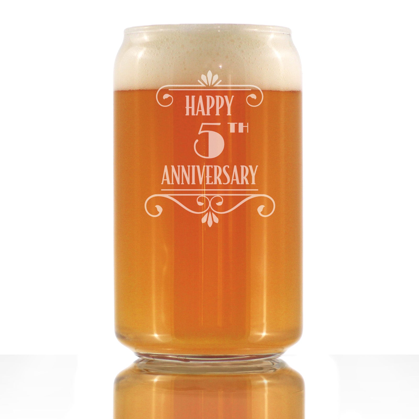 Happy 5th Anniversary Engraved Beer Can Glass Gifts 5 Year Anniversary Art Deco Party Decor Beer Can Shaped Pint Glass - 16oz