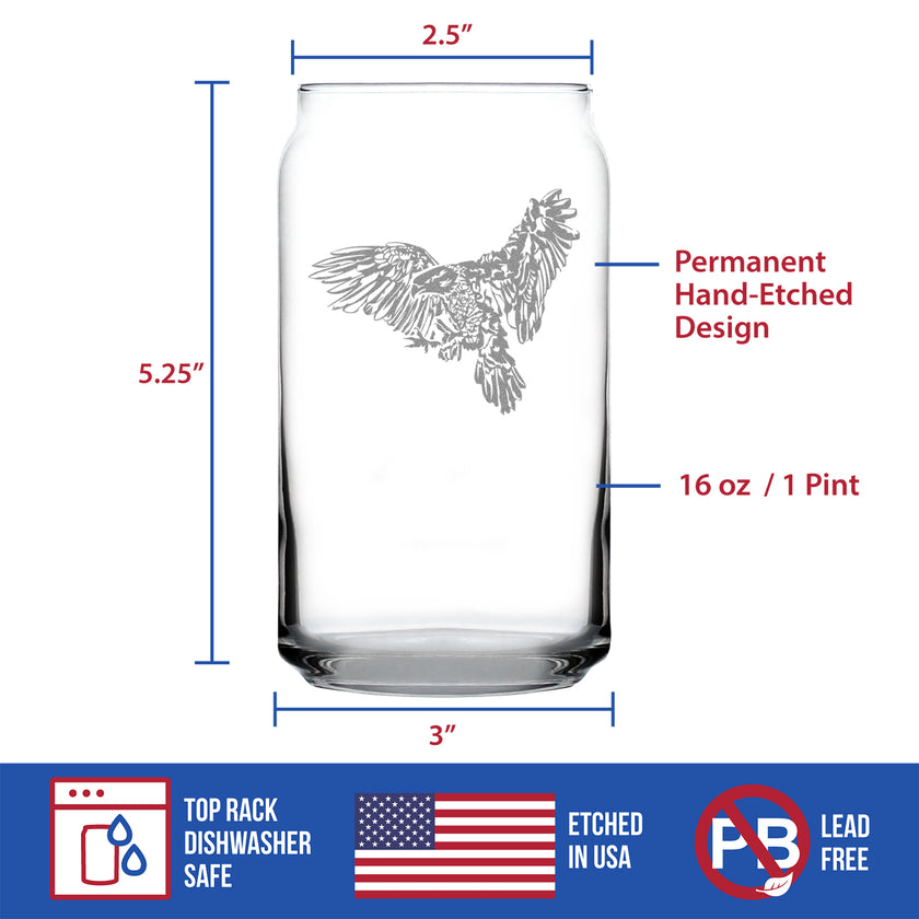 Bald Eagle - Engraved Beer Can Glass Patriotic American Decorations and Gifts Beer Can Shaped Pint Glass - 16oz