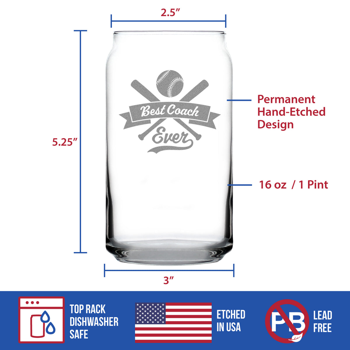 Baseball Gifts for Coaches - Engraved Beer Can Glass - Best Coach Ever - Beer Can Shaped Pint Glass - 16oz