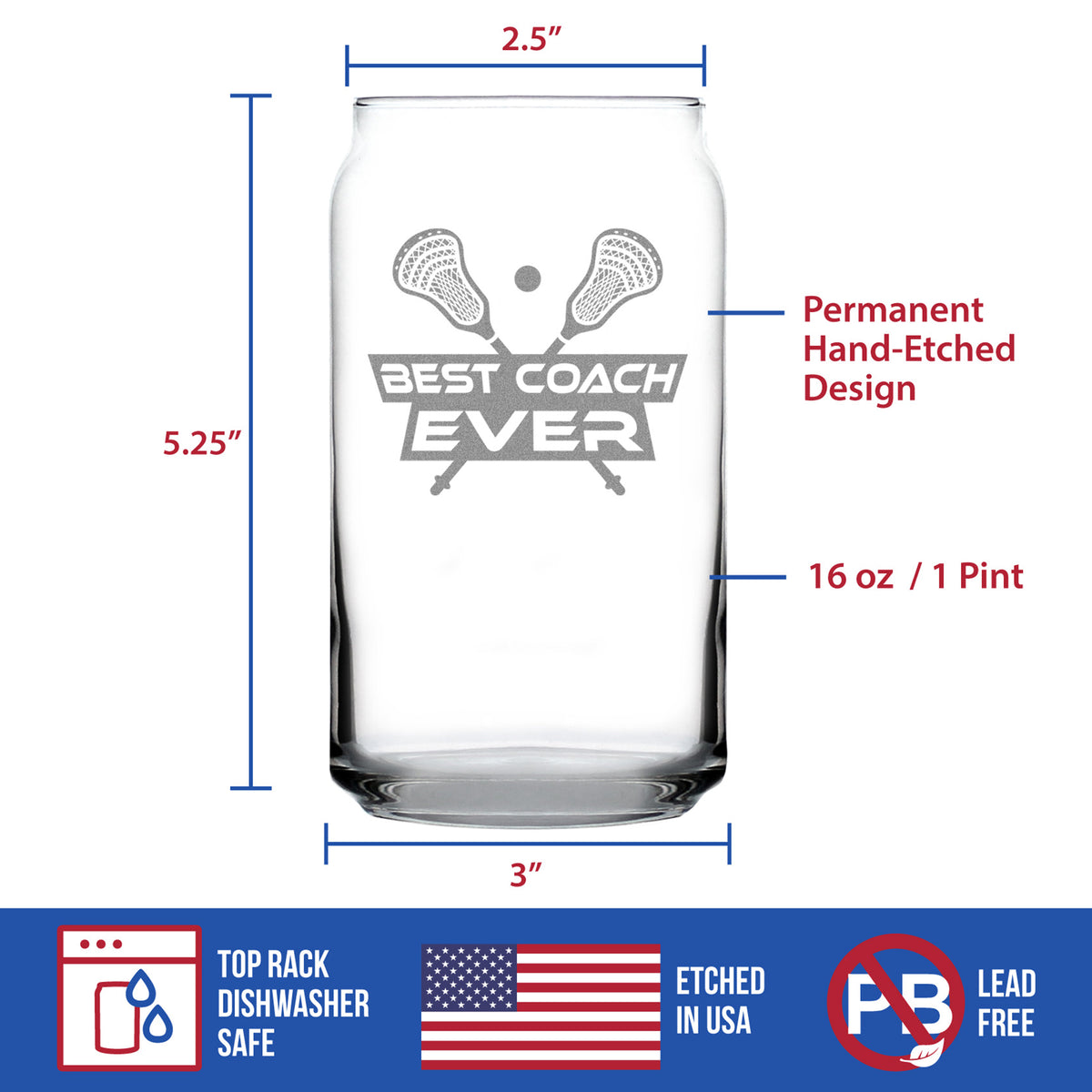 Lacrosse Coach Gifts for Coaches - Engraved Beer Can Glass - Best Coach Ever - Beer Can Shaped Pint Glass - 16oz