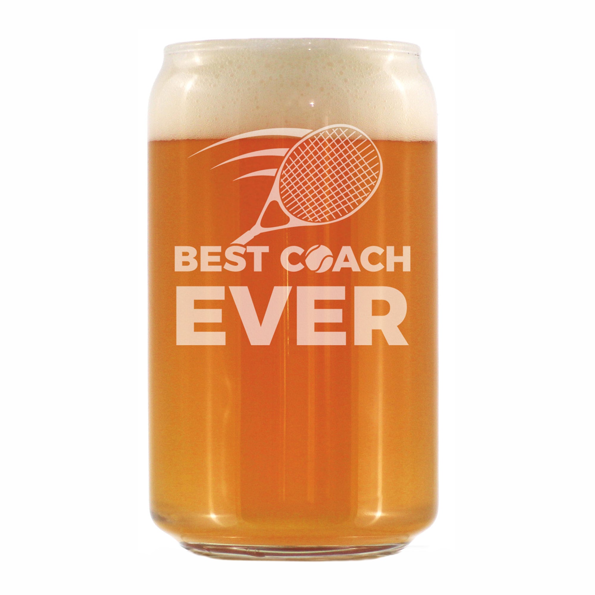 Tennis Coach Gifts for Coaches - Engraved Beer Can Glass - Best Coach Ever - Beer Can Shaped Pint Glass - 16oz