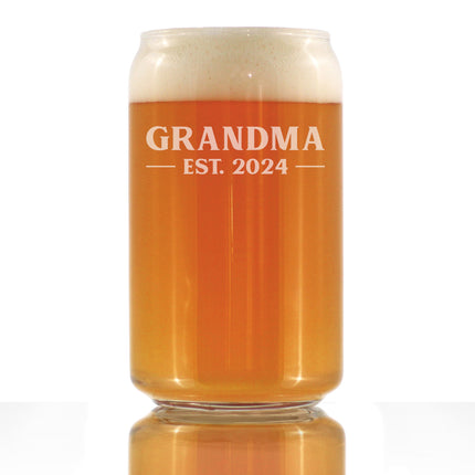 Grandma Est 2024 - New Grandmother Beer Can Pint Glass Gift for First Time Grandparents - Bold 16 Oz Glasses