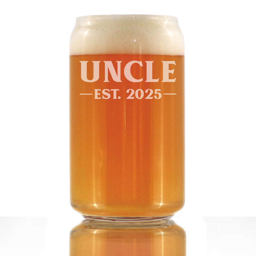Uncle Est 2025 - Beer Can Pint Glass Gift for First Time Uncles - Bold 16 Oz Glasses