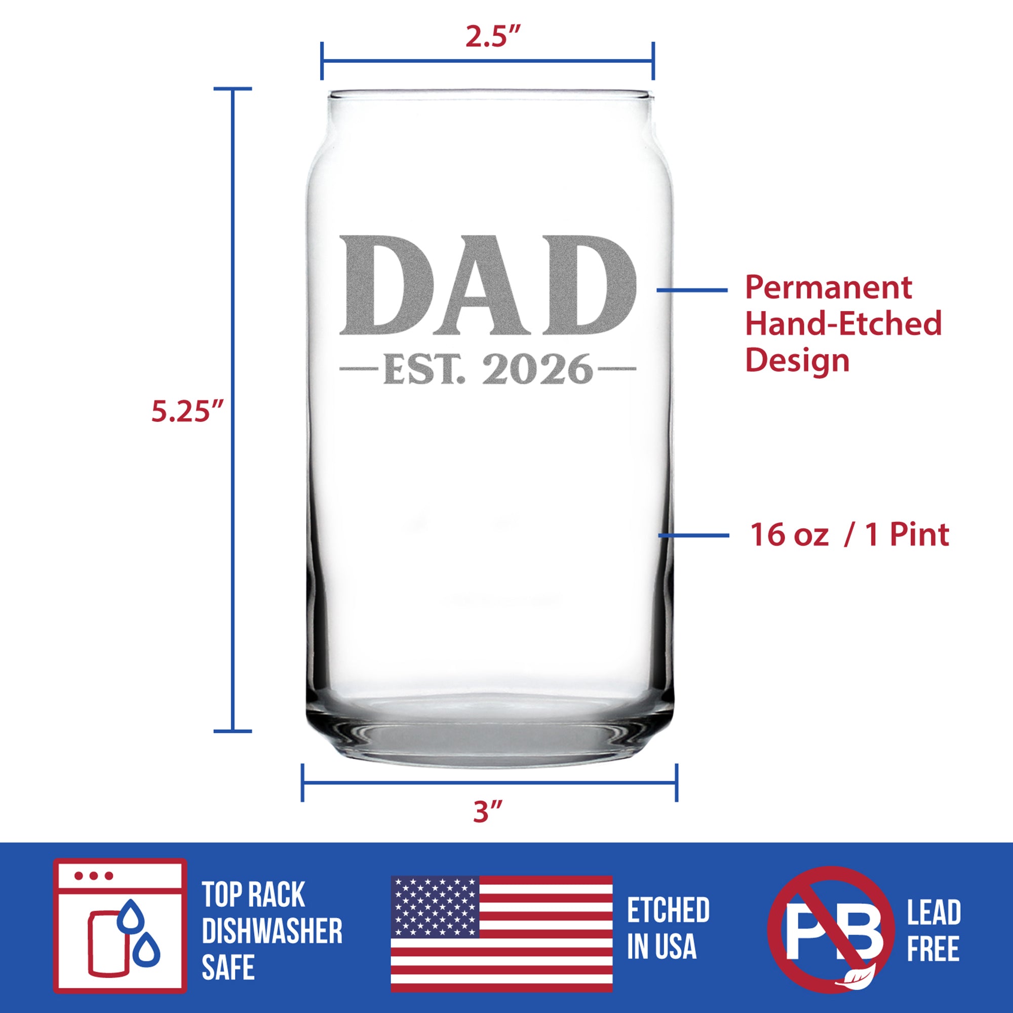 Dad Est 2026 - Engraved Beer Can Glass - New Father Gift for First Time Parents - Bold Beer Can Shaped Pint Glass - 16oz