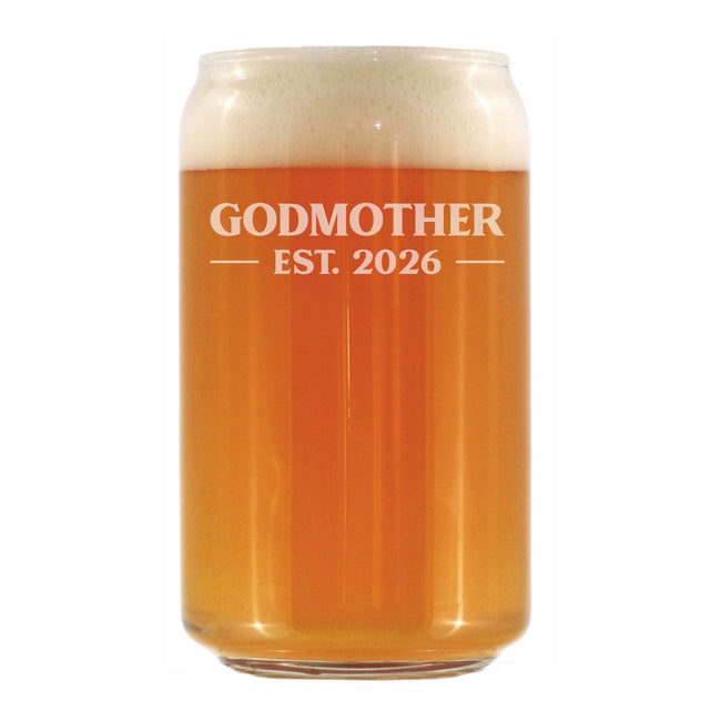 Godmother Est 2026 - Engraved Beer Can Glass - New Godmother Gift for First Time Godparents - Bold Beer Can Shaped Pint Glass - 16oz