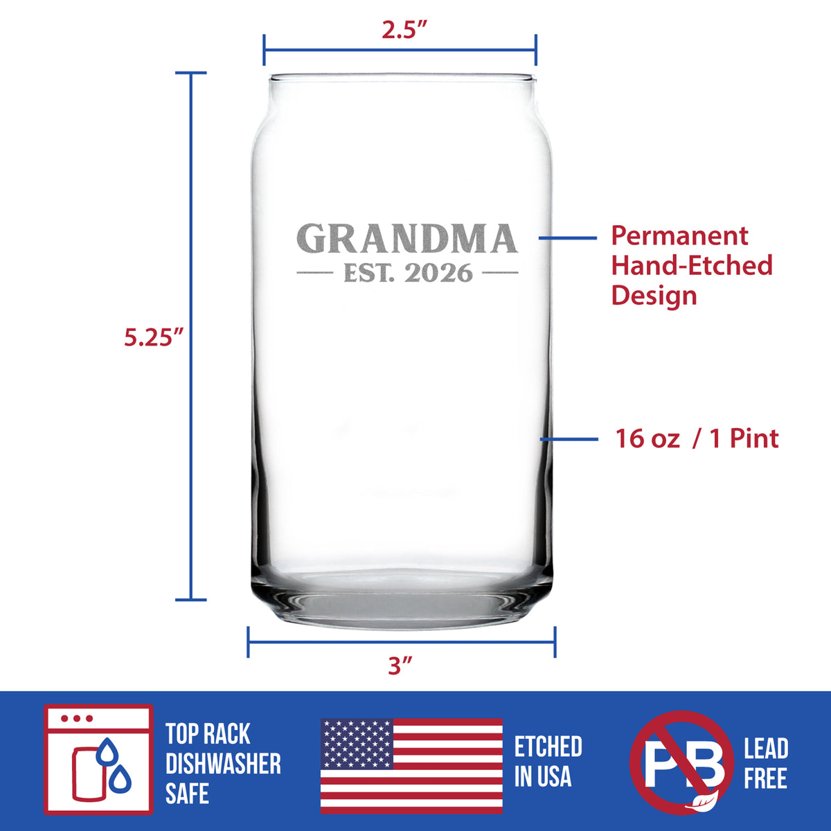 Grandma Est 2026 - Engraved Beer Can Glass - New Grandmother Gift for First Time Grandparents - Bold Beer Can Shaped Pint Glass - 16oz