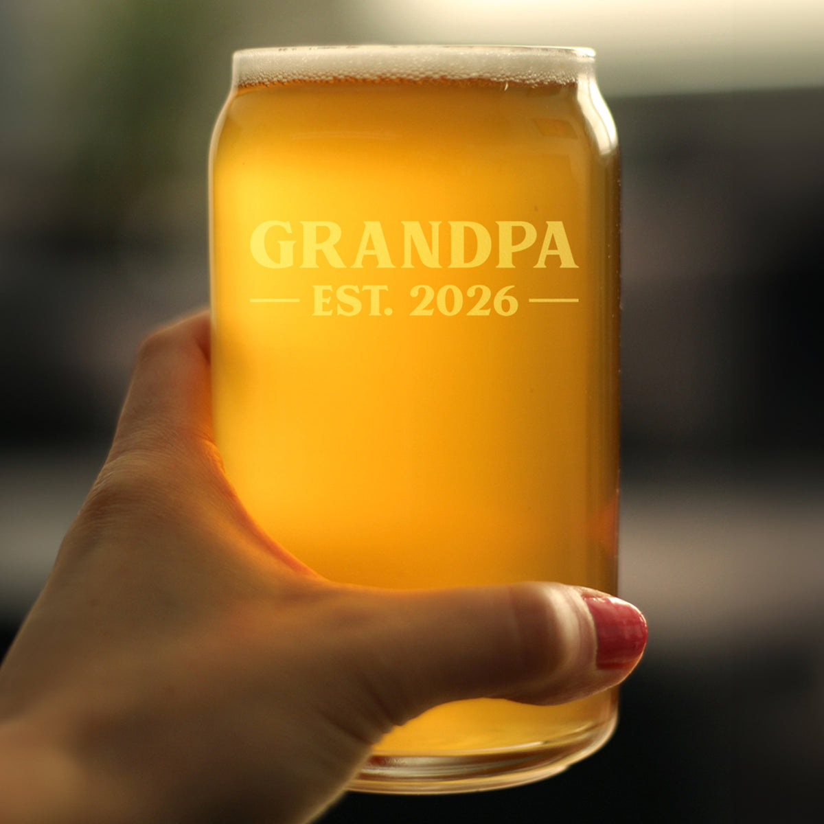Grandpa Est 2026 - Engraved Beer Can Glass - New Grandfather Gift for First Time Grandparents - Bold Beer Can Shaped Pint Glass - 16oz
