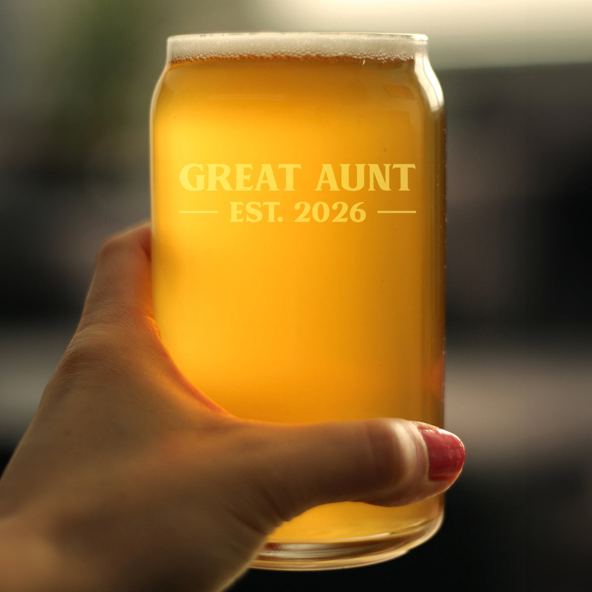 Great Aunt Est 2026 - Engraved Beer Can Glass - New Great Aunt Gift for First Time Great Aunts - Bold Beer Can Shaped Pint Glass - 16oz