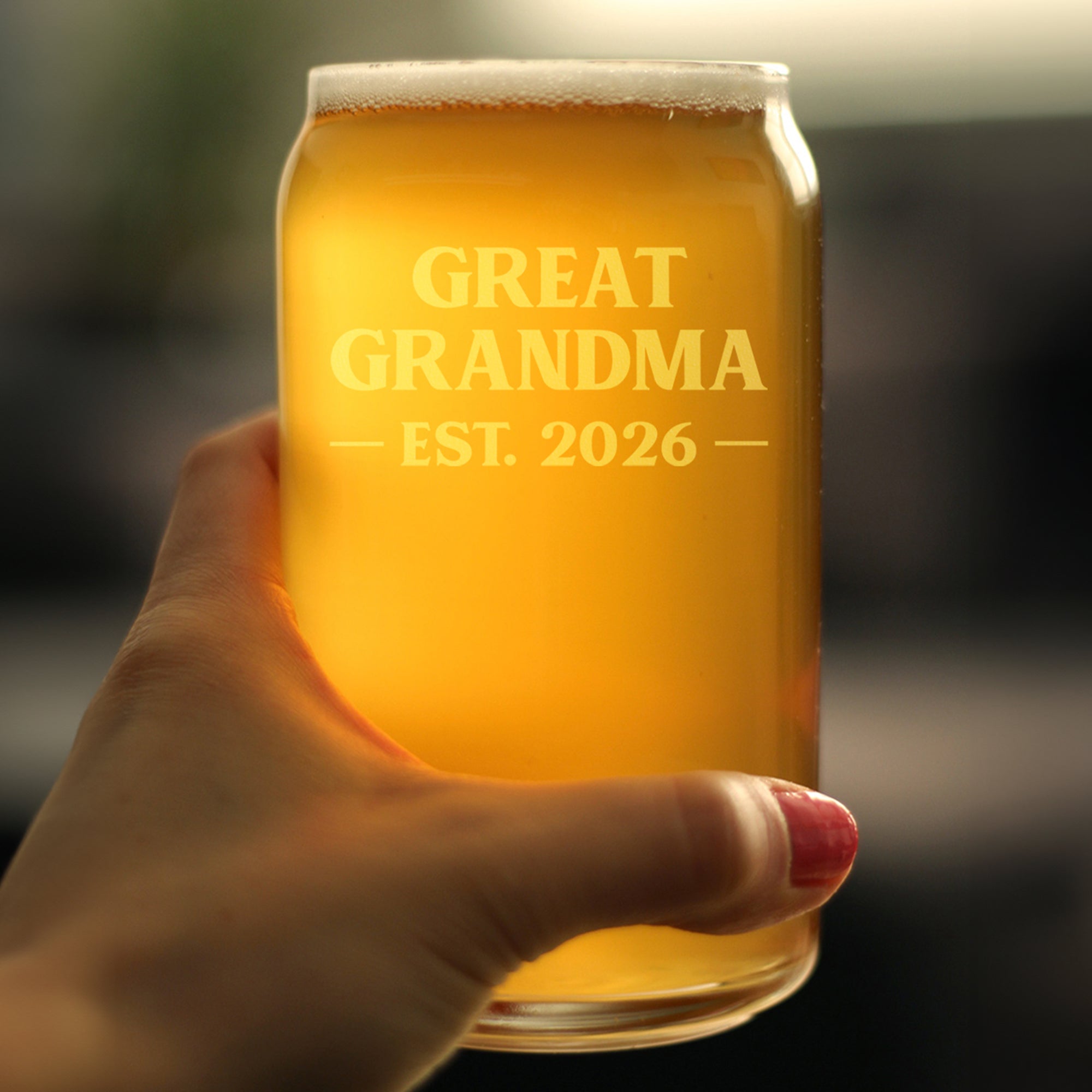 Great Grandma Est 2026 - Engraved Beer Can Glass - New Great Grandmother Gift for First Time Great Grandparents - Bold Beer Can Shaped Pint Glass - 16oz
