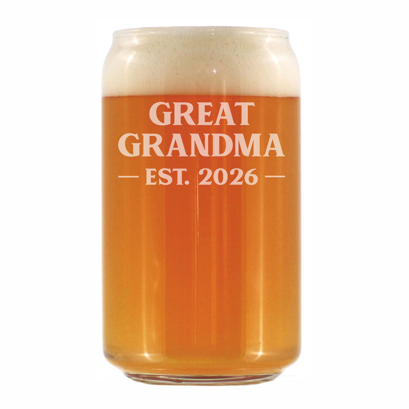 Great Grandma Est 2026 - Engraved Beer Can Glass - New Great Grandmother Gift for First Time Great Grandparents - Bold Beer Can Shaped Pint Glass - 16oz