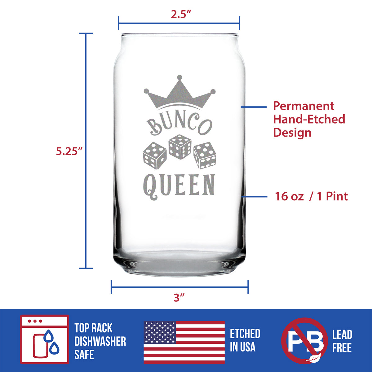 Bunco Queen Beer Can Pint Glass - Bunco Decor and Bunco Gifts for Women - 16 Oz Glasses