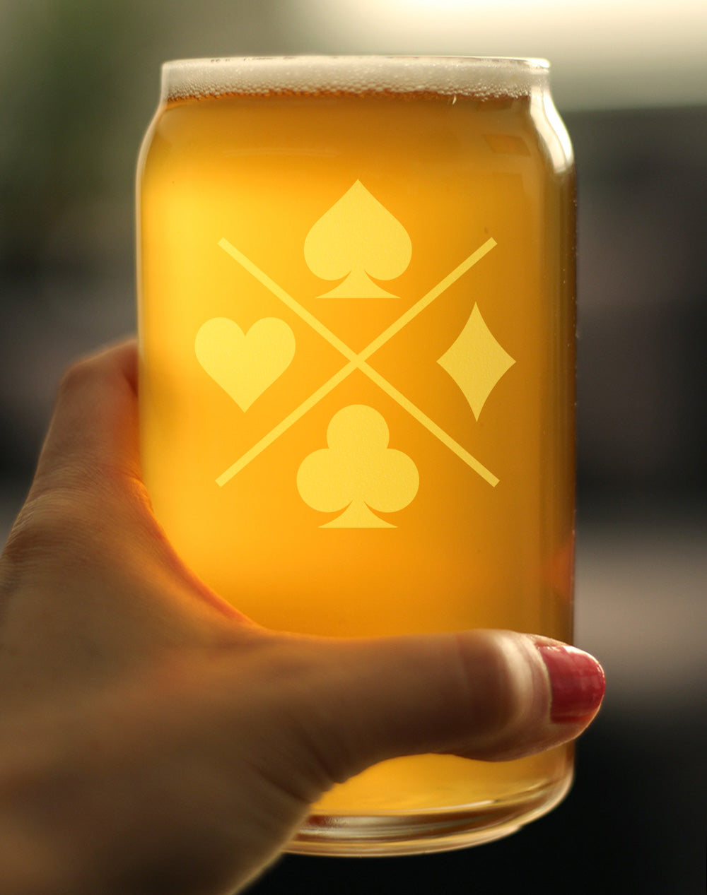Card Suits Engraved Beer Can Glass  High Quality Gifts for Card Players Beer Can Shaped Pint Glass - 16oz
