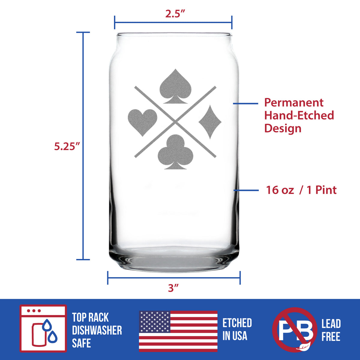 Card Suits Engraved Beer Can Glass  High Quality Gifts for Card Players Beer Can Shaped Pint Glass - 16oz