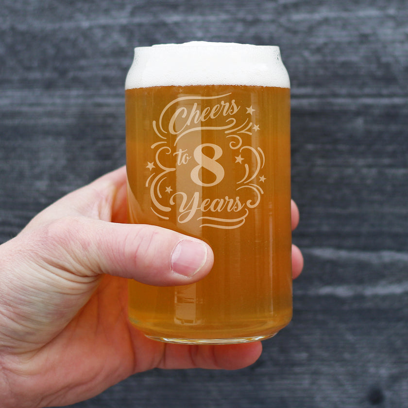 Cheers to 8 Years - Beer Can Pint Glass Gifts for Women & Men - 8th Anniversary Party Decor - 16 Oz Glasses