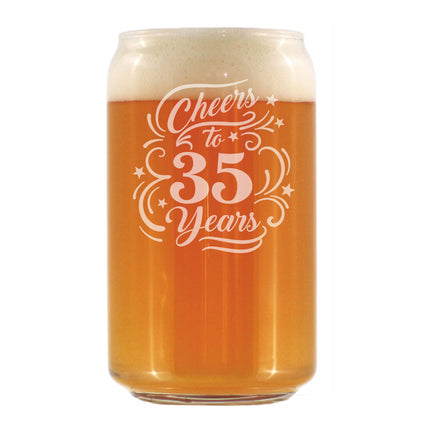 Cheers to 35 Years - Engraved Beer Can Glass - 35th Anniversary or Birthday Party Decor - Beer Can Shaped Pint Glass - 16oz