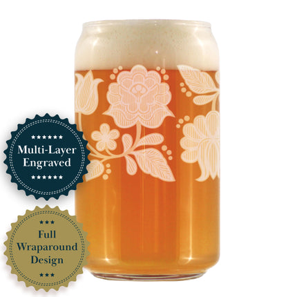 Folk Art Floral Engraved Beer Can Glass Hungarian Kalocsa Embroidery Pattern Multi-Layer Engraving - 16 oz