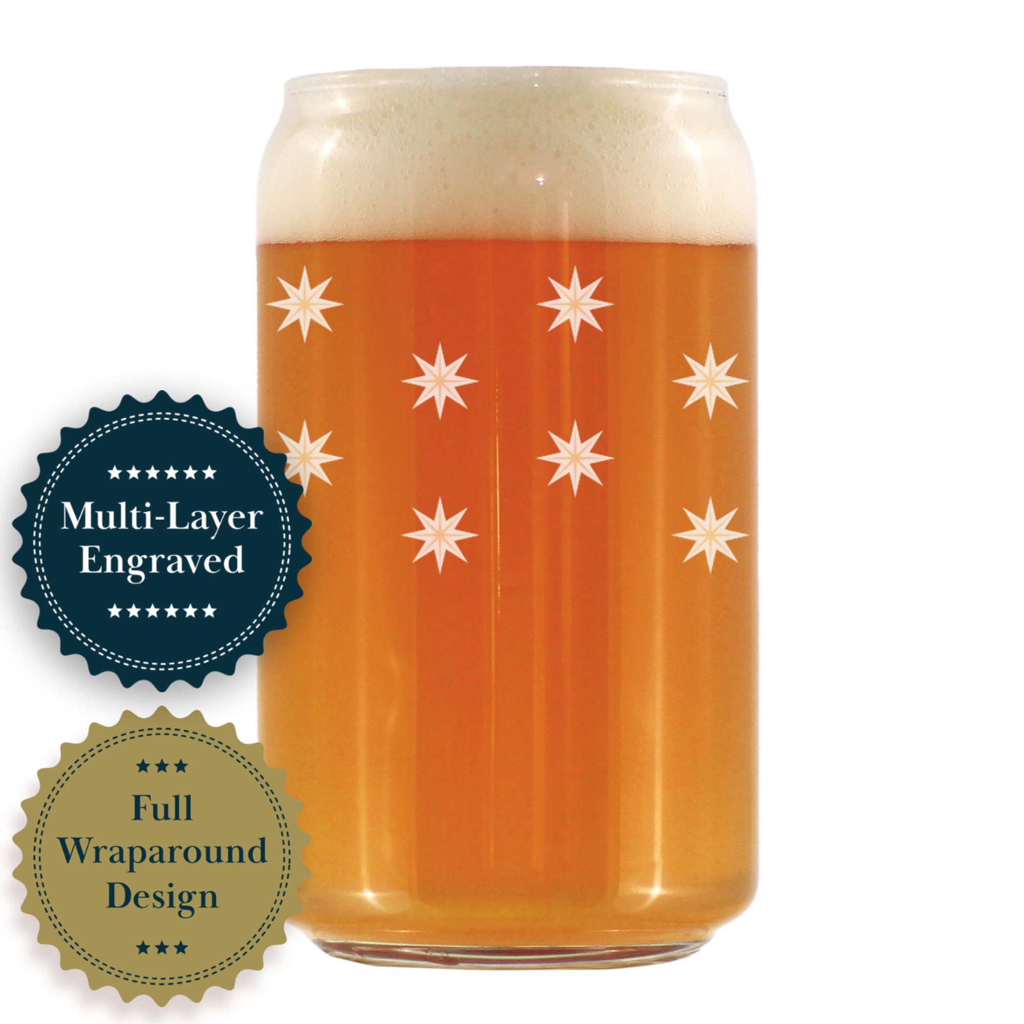 Star Pattern Engraved Beer Can Glass - Full Wrap - Multi-Layer Engraving - 16 oz