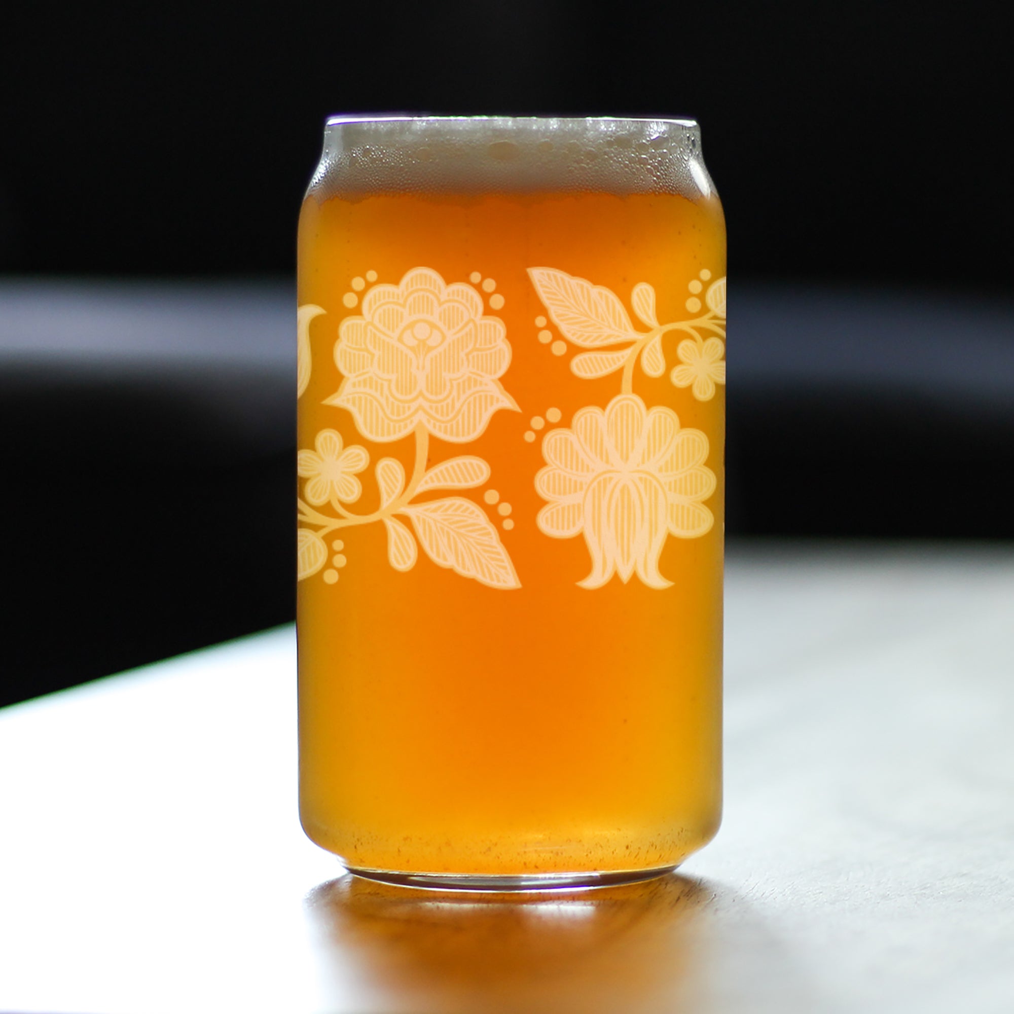 Folk Art Floral Engraved Beer Can Glass Hungarian Kalocsa Embroidery Pattern Multi-Layer Engraving - 16 oz
