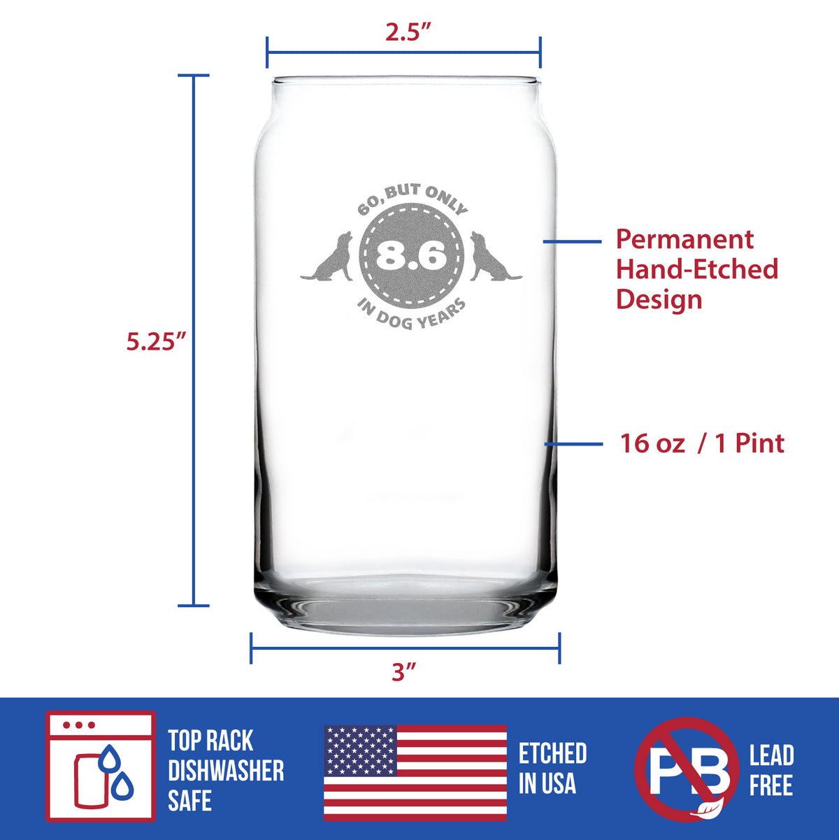 60th Birthday Dog Years - Beer Can Pint Glass - Unique Funny Bday Gifts for Women and Men Turning 60 - 16 oz Glasses