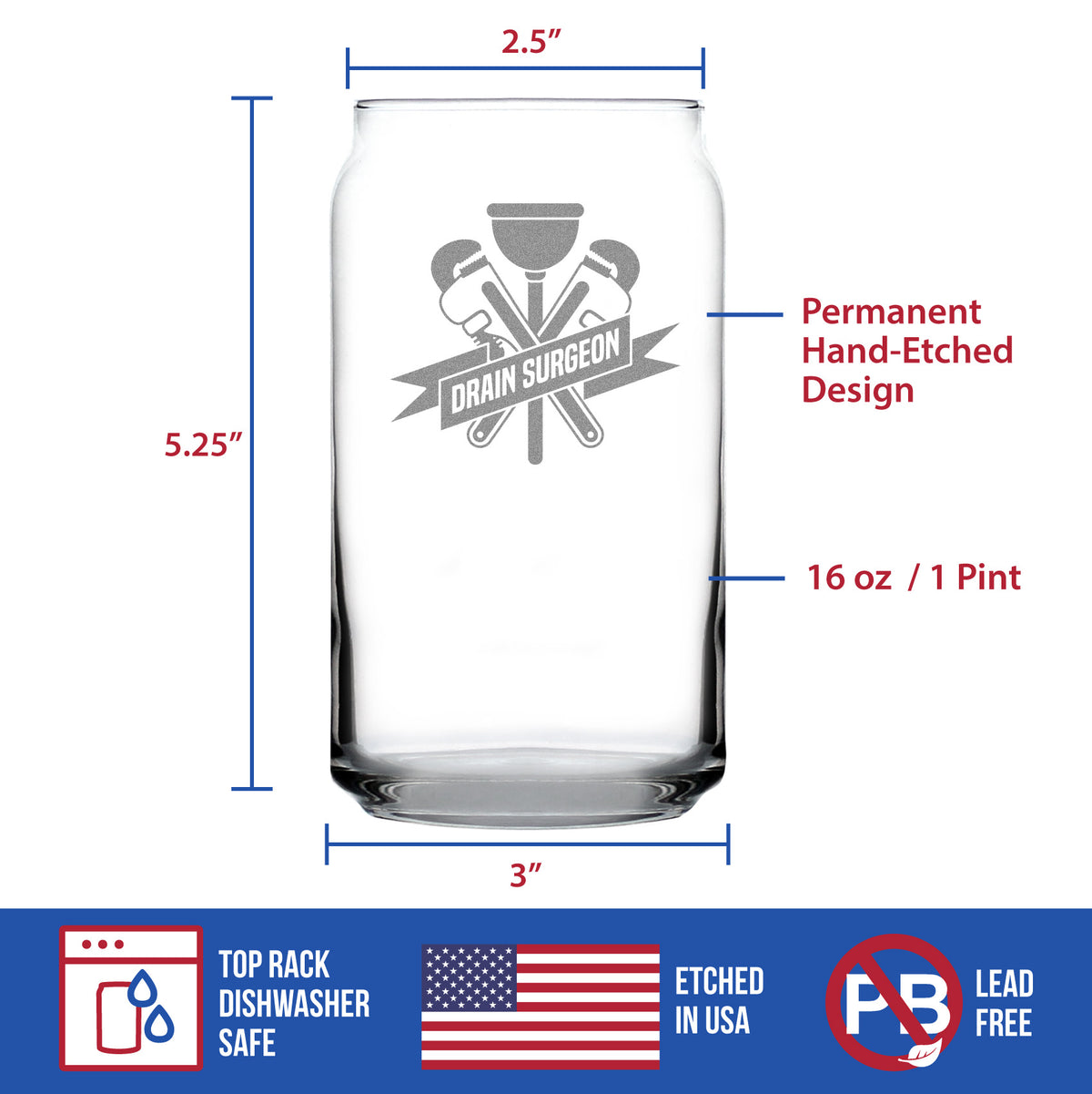 Drain Surgeon - Beer Can Pint Glass - Funny Plumber Gifts for Men and Women - 16 oz Glasses