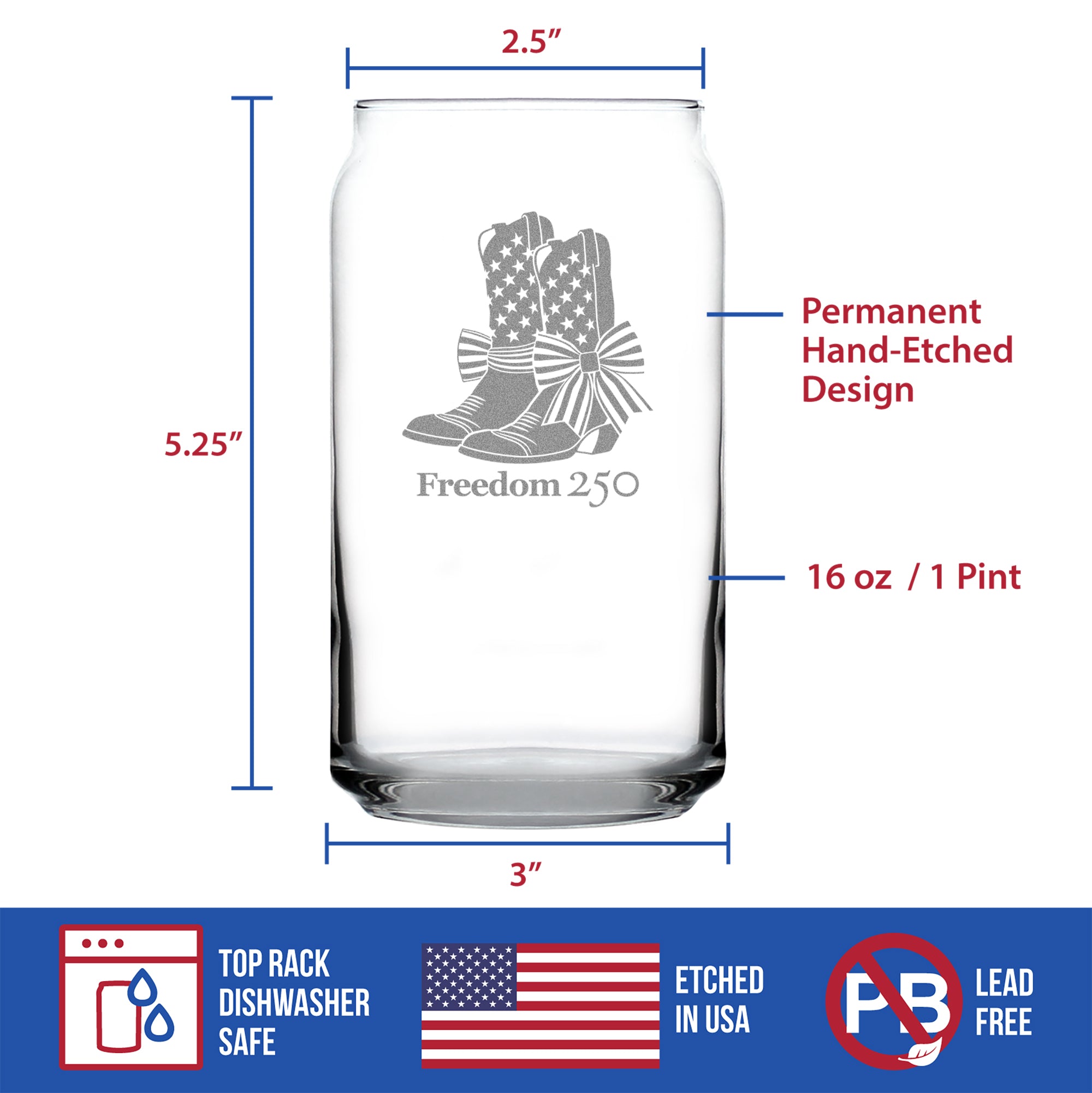 Freedom 250 Cowgirl Boots Engraved Beer Can Glass - 16oz Official USA 250th Anniversary Merch