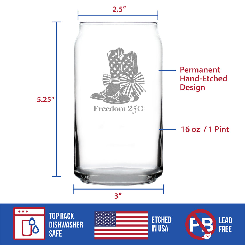 Freedom 250 Cowgirl Boots Engraved Beer Can Glass - 16oz Official USA 250th Anniversary Merch