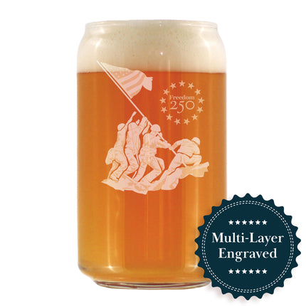 Freedom 250 Raising the Flag on Iwo Jima Engraved Beer Can Glass Official Merch for 250th Anniversary of the USA Beer Can Shaped Pint Glass - 16oz