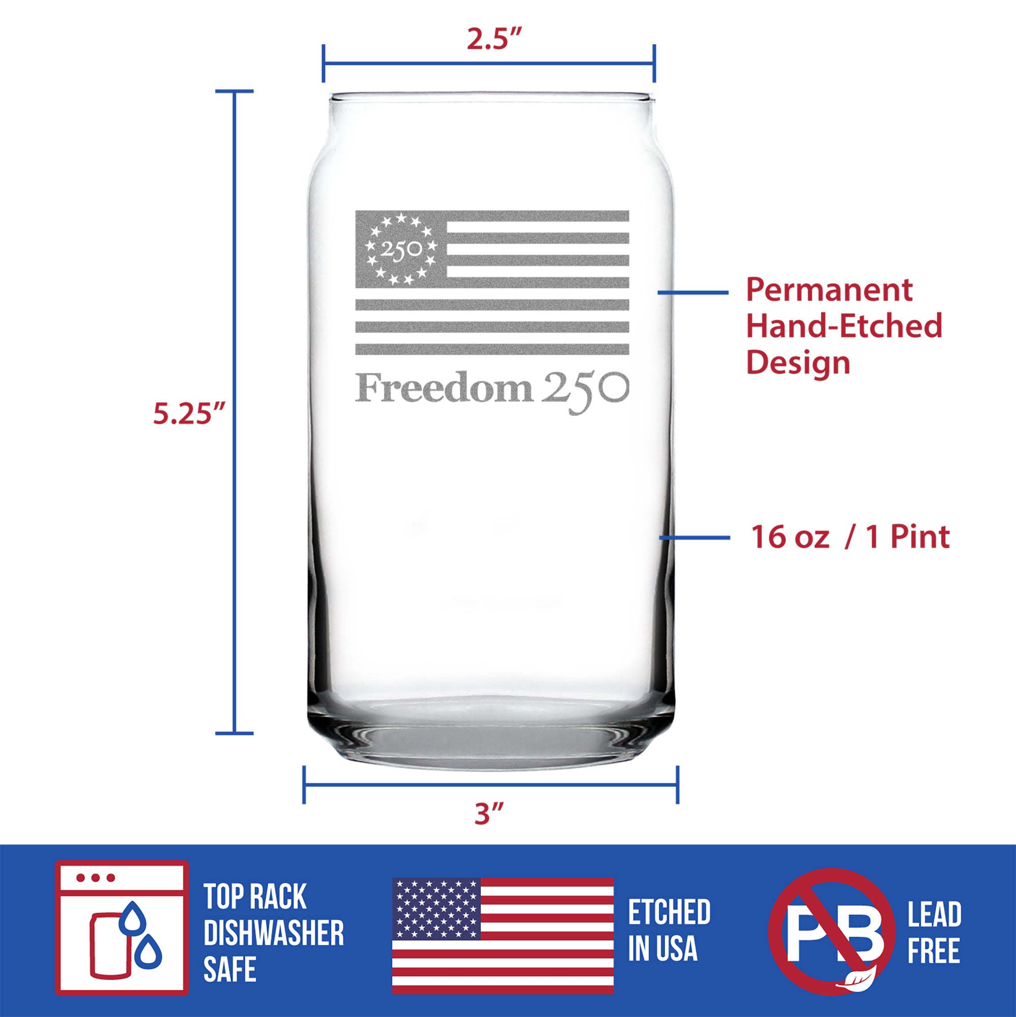 Freedom 250 Logo Engraved Beer Can Glass - 16oz Official USA 250th Anniversary Merch