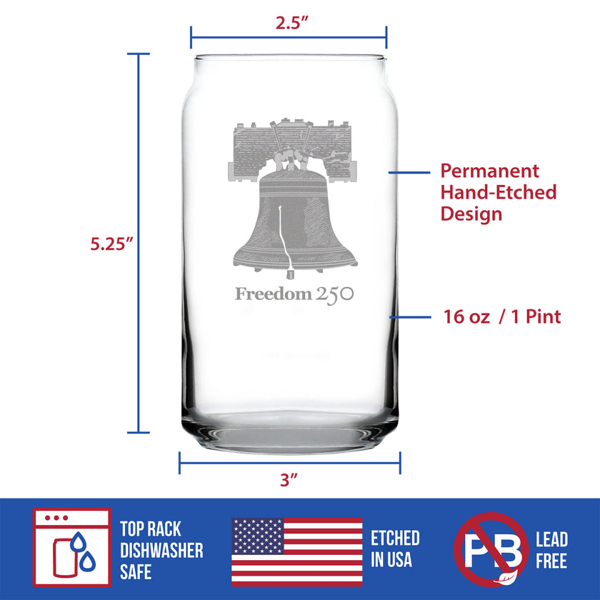 Freedom 250 Liberty Bell Engraved Beer Can Pint Glass – 16oz Official USA 250th Anniversary Merch