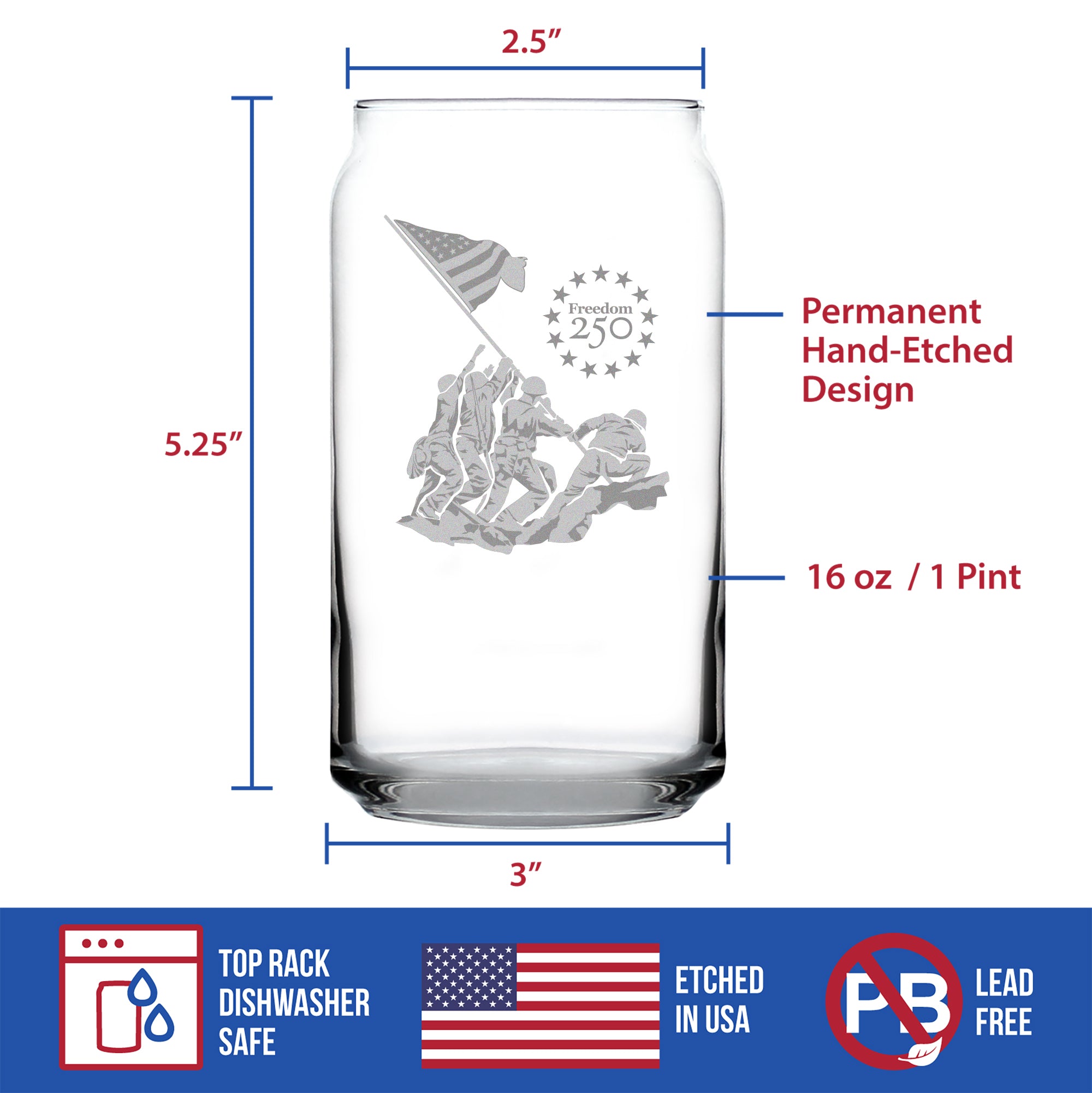 Freedom 250 Raising the Flag on Iwo Jima Engraved Beer Can Glass - 16oz Official USA 250th Anniversary Merch