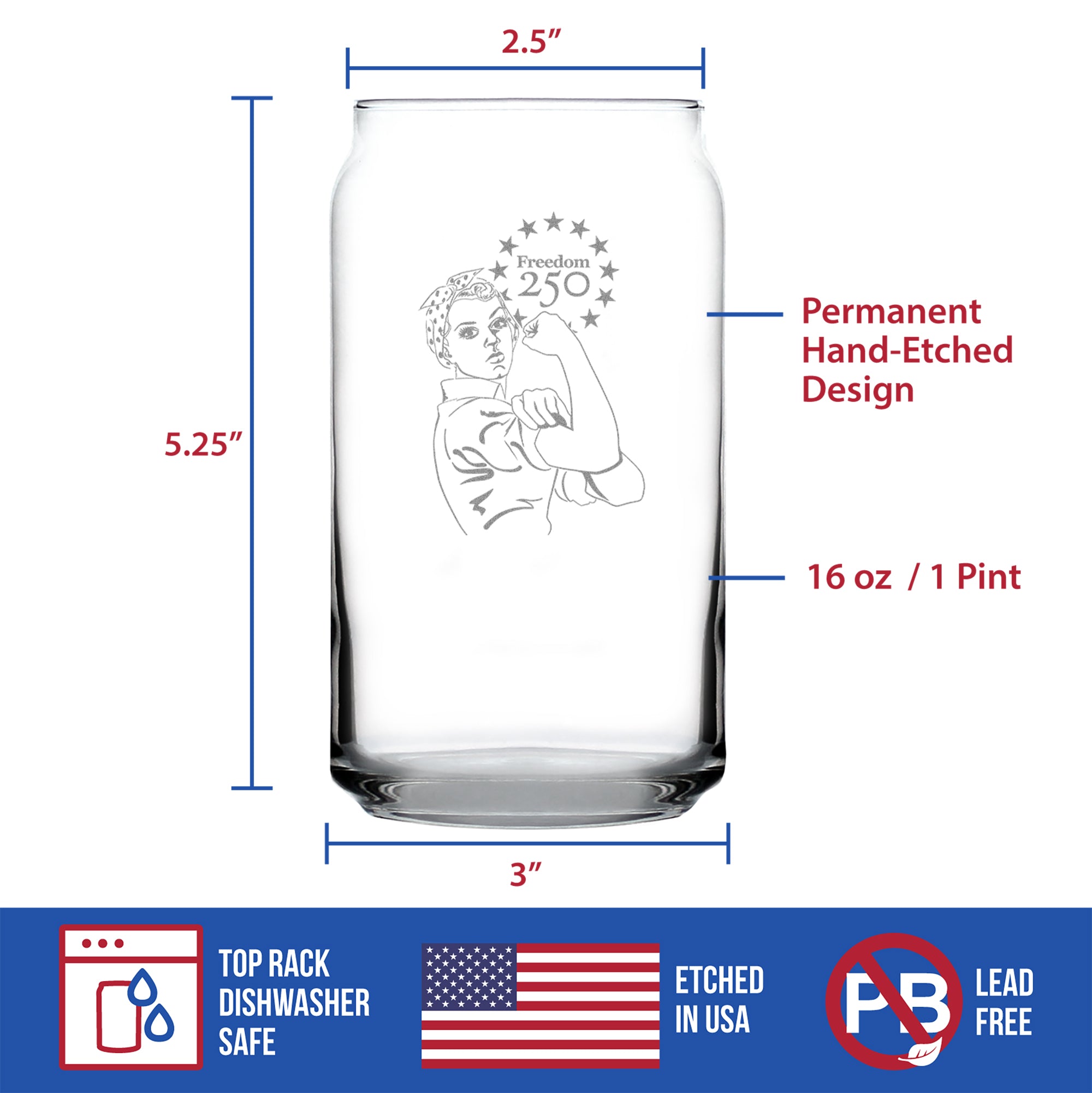 Freedom 250 Rosie the Riveter Engraved Beer Can Glass - 16oz Official USA 250th Anniversary Merch