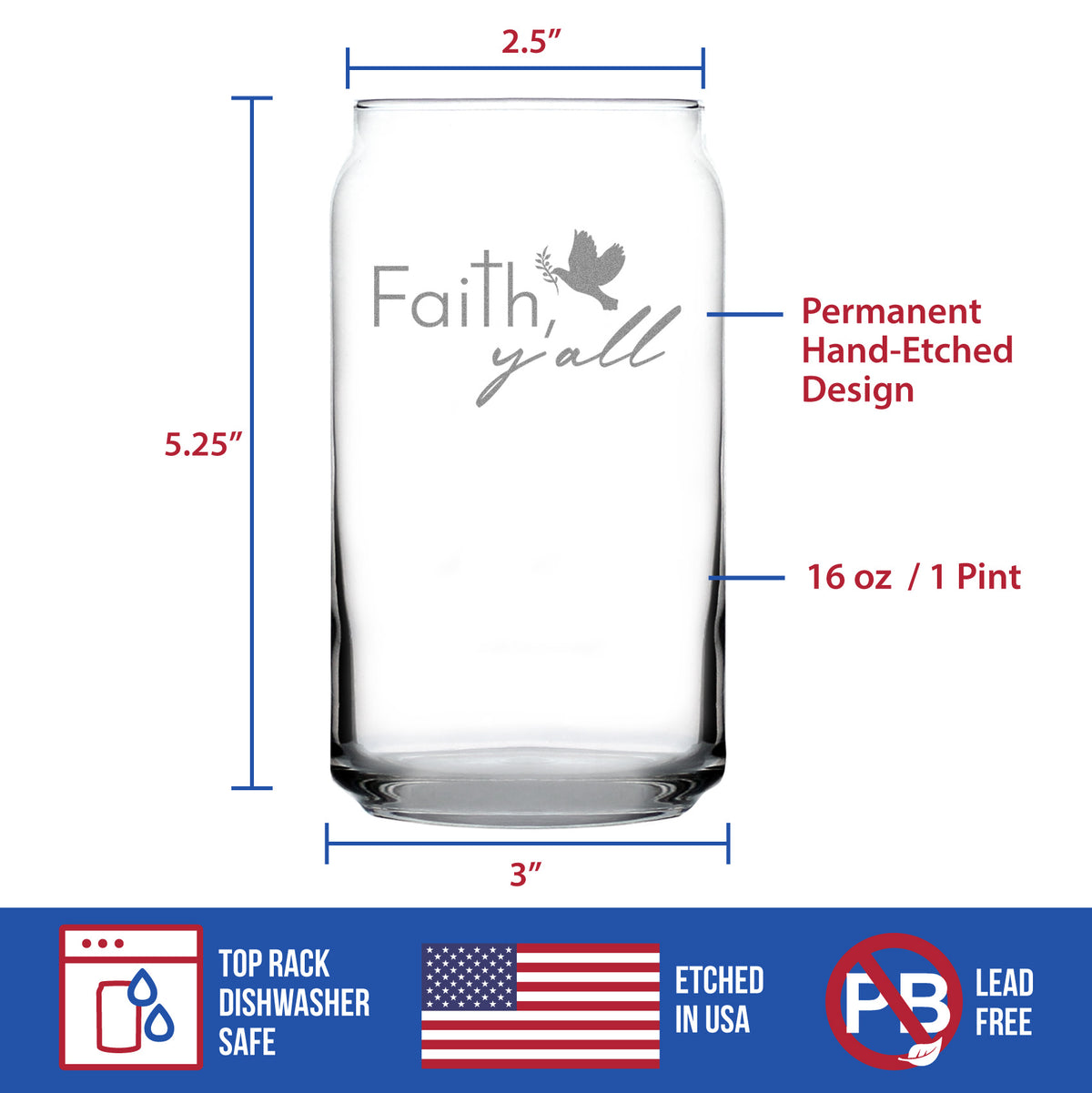 Faith Y&#39;all Engraved Beer Can Glass Gifts Christianity Gifts for Christians Beer Can Shaped Pint Glass - 16oz