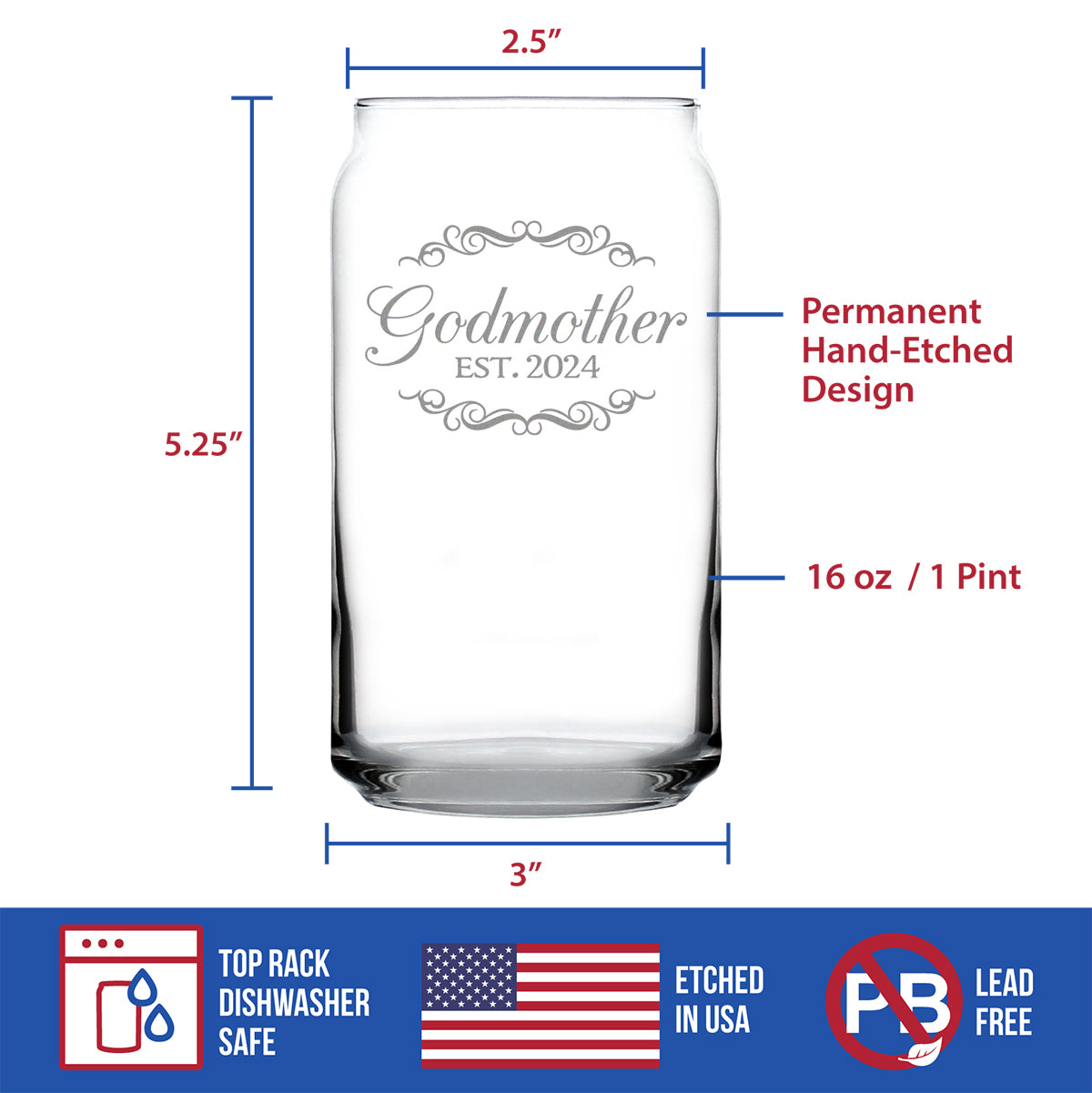 Godmother Est 2024 - New Godmother Beer Can Pint Glass Proposal Gift for First Time Godparents - Decorative 16 Oz Glasses