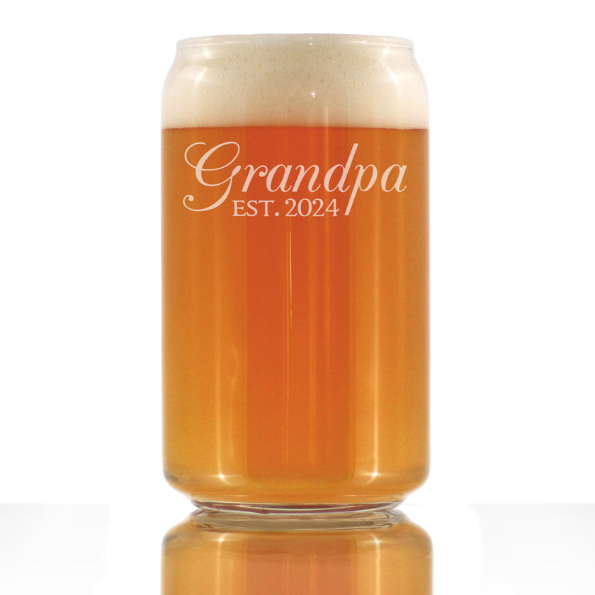Grandpa Est 2024 - New Grandfather Beer Can Pint Glass Gift for First Time Grandparents - Decorative 16 Oz Glasses