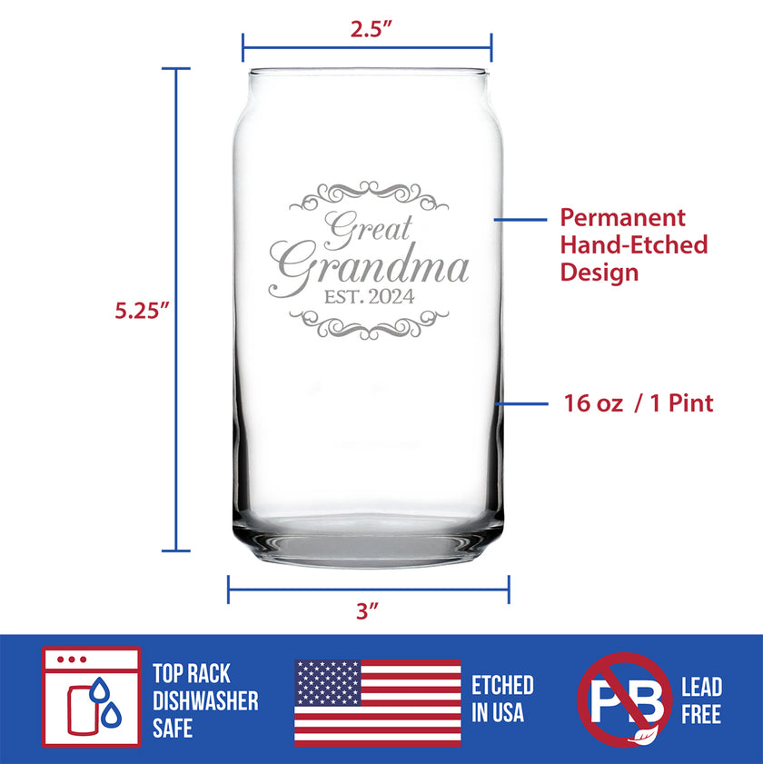 Great Grandma Est 2024 - New Great Grandmother Beer Can Pint Glass Gift for First Time Great Grandparents - Decorative 16 Oz Glasses