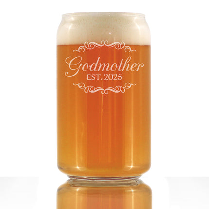 Godmother Est 2025 - New Godmother Beer Can Pint Glass Proposal Gift for First Time Godparents - Decorative 16 Oz Glasses