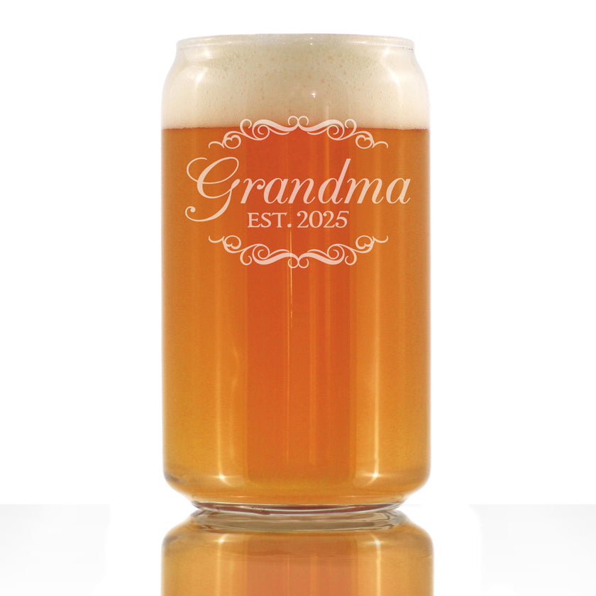 Grandma Est 2025 - New Grandmother Beer Can Pint Glass Gift for First Time Grandparents - Decorative 16 Oz Glasses