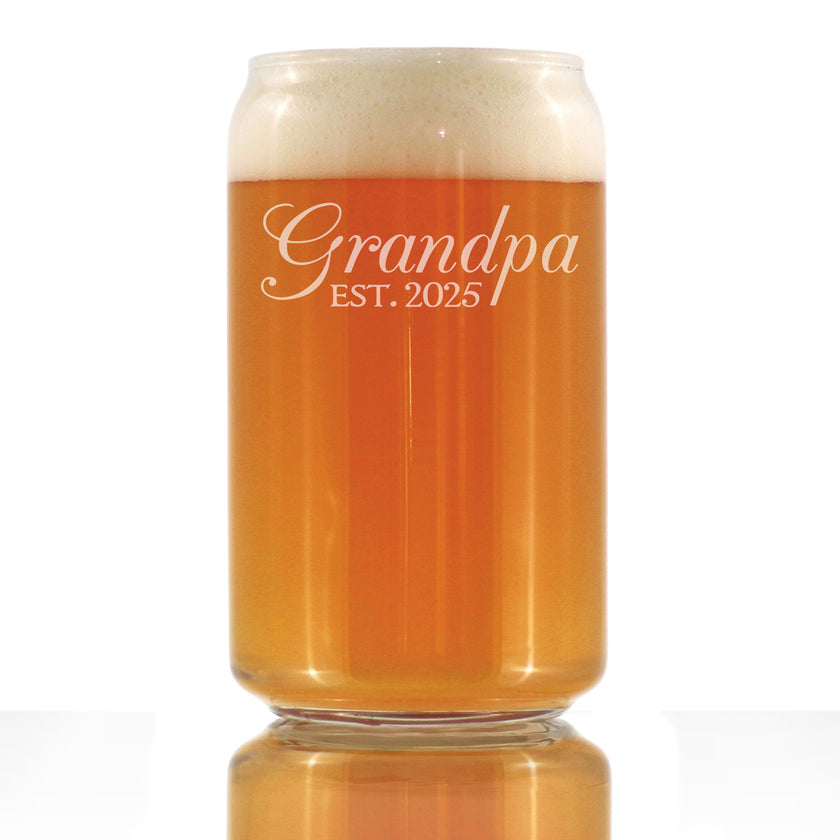 Grandpa Est 2025 - New Grandfather Beer Can Pint Glass Gift for First Time Grandparents - Decorative 16 Oz Glasses